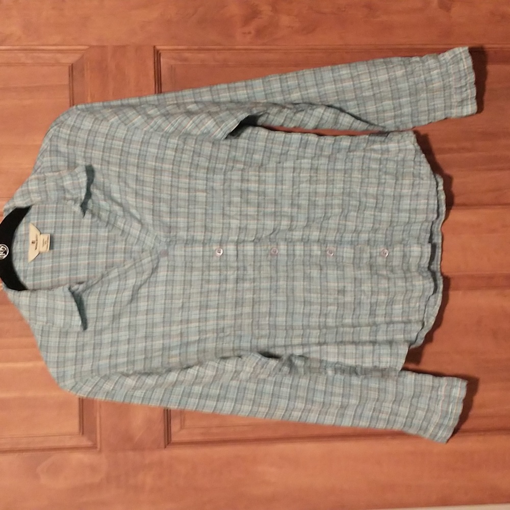Woolrich woman's size XS button up plaid cotton blend w ruching throughout NWOT